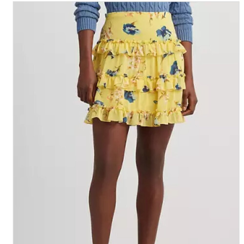 Lauren Ralph Lauren Yellow Floral Ruffled Mini Skirt